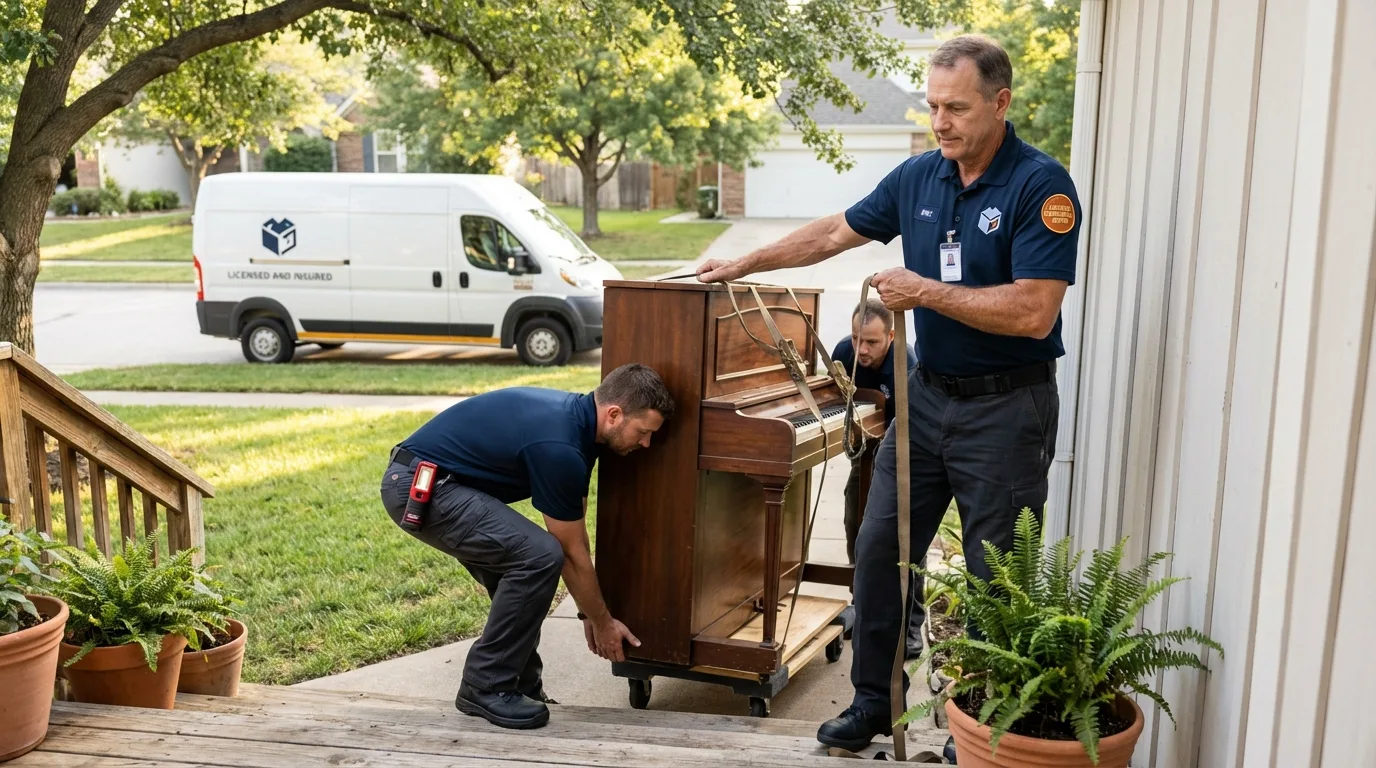 Licensed piano movers securing grand piano in Concord, VA