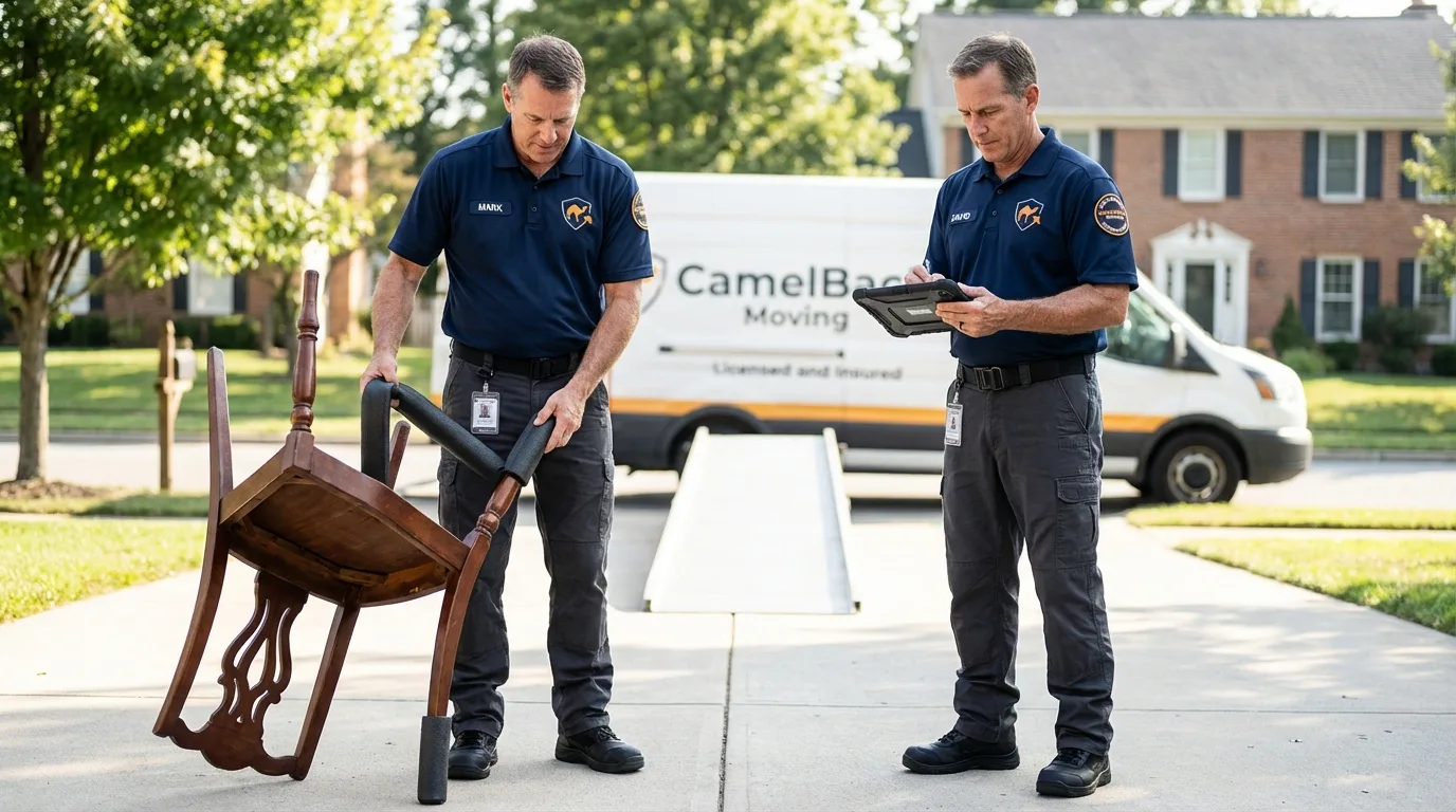 Movers inspecting furniture for damage prevention before loading in Concord, VA